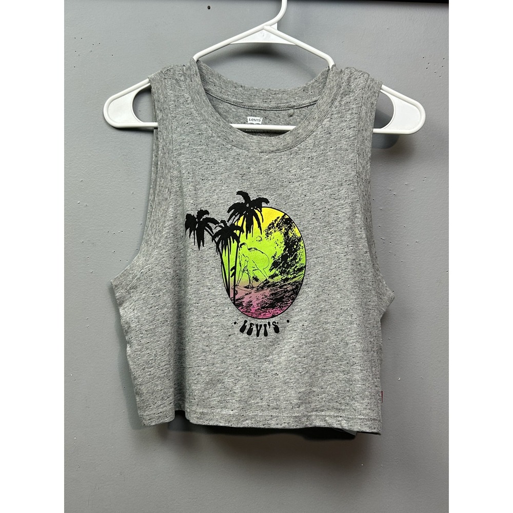 Levis Tank Top Womens XS Grey Graphic Surf Palm Tree Cropped Casual Sleeveless
